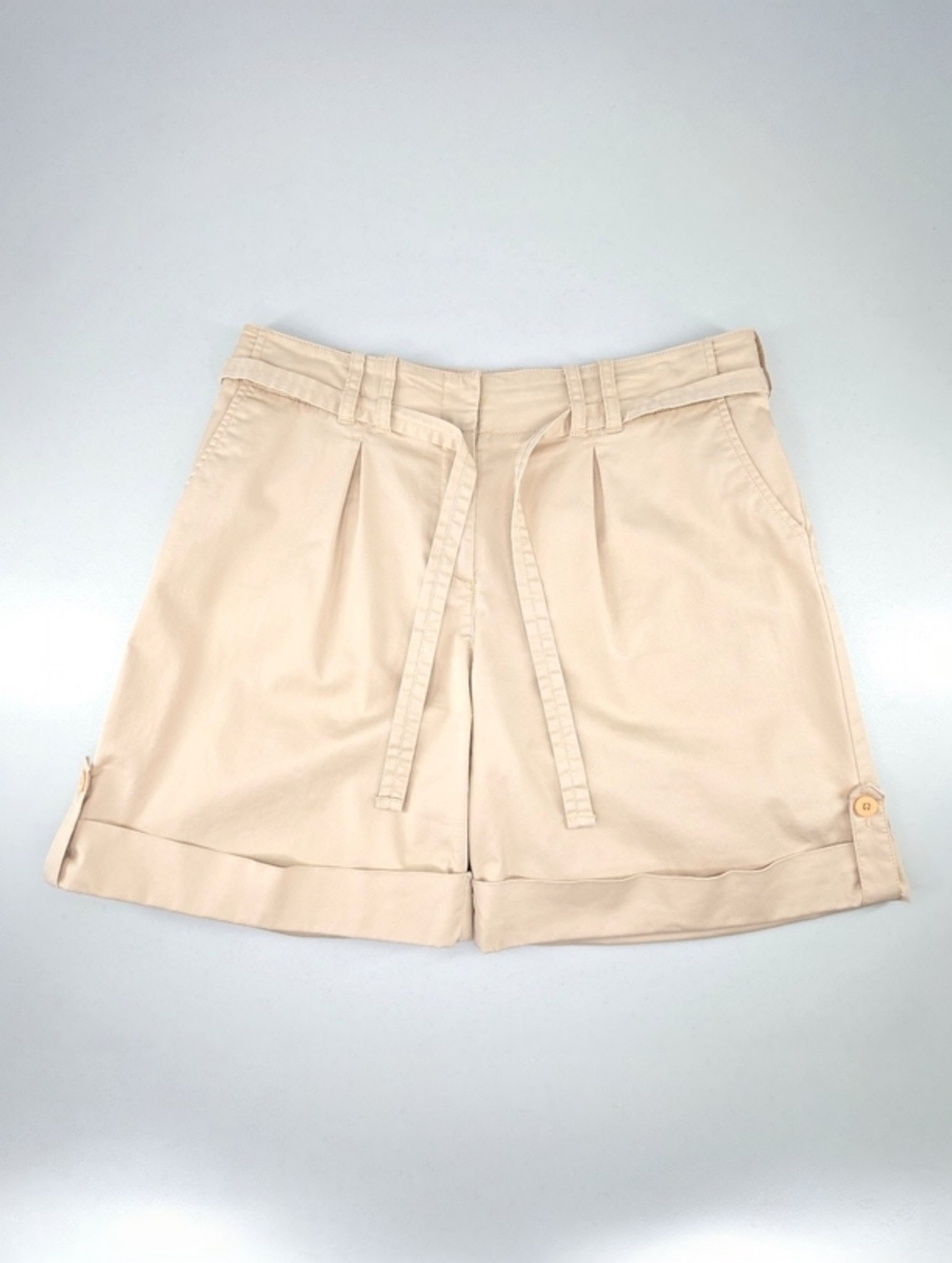 J.Jill High Rise Belted Cotton Twill Chino Shorts Pleated Cuffed Khaki Size 12